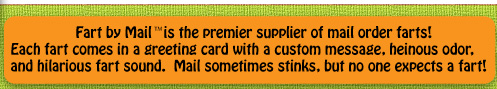Fart By Mail is the premier supplier of mail order farts! The greeting card with a custom message, heinous odor, and hilarious fart sound. Mail sometimes stinks, but no one expects a fart!